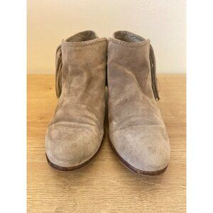 Sam Edelman Women's Taupe Suede Ankle Boots With Fringe & Stacked Heel Size 8